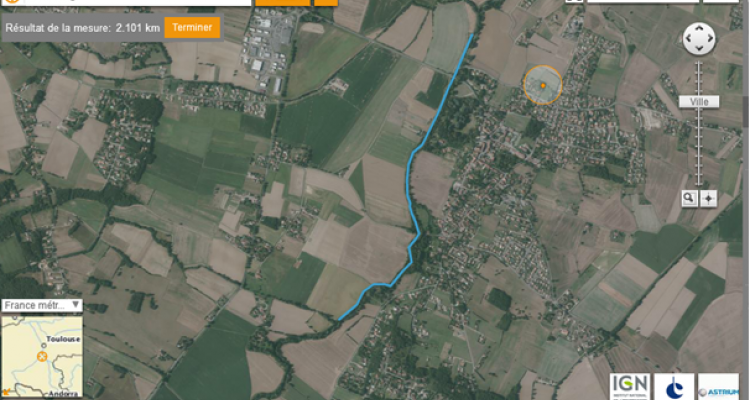 En bleu : zone où l'abaissement du niveau de la Lèze est visible